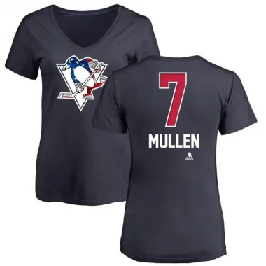 Navy Women's Joe Mullen Pittsburgh Penguins Name and Number Banner Wave V-Neck T-Shirt -